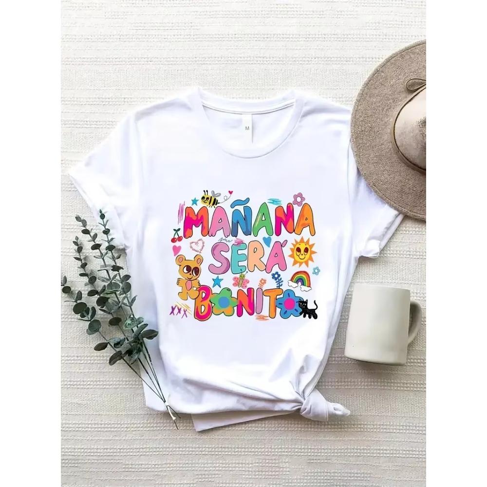 Cartoon Print T-Shirt Short Sleeve Crew Neck Casual Top For Summer & Spring Women's Clothing
