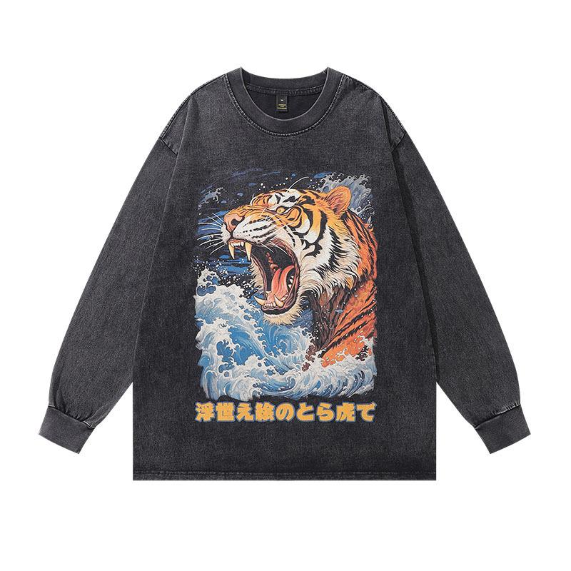 Tide Brand T-Shirt Harajuku Japanese Ukiyo-E Painted Street Retro Tiger Print Washed Old Long-Sleeved T-Shirt For Men And Women
