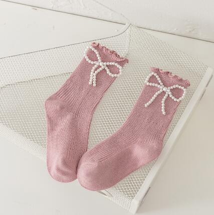 Girls Black Calf Socks Cute Bowknot Pearl Decor Combed Cotton Comfortable Toddler Baby Socks