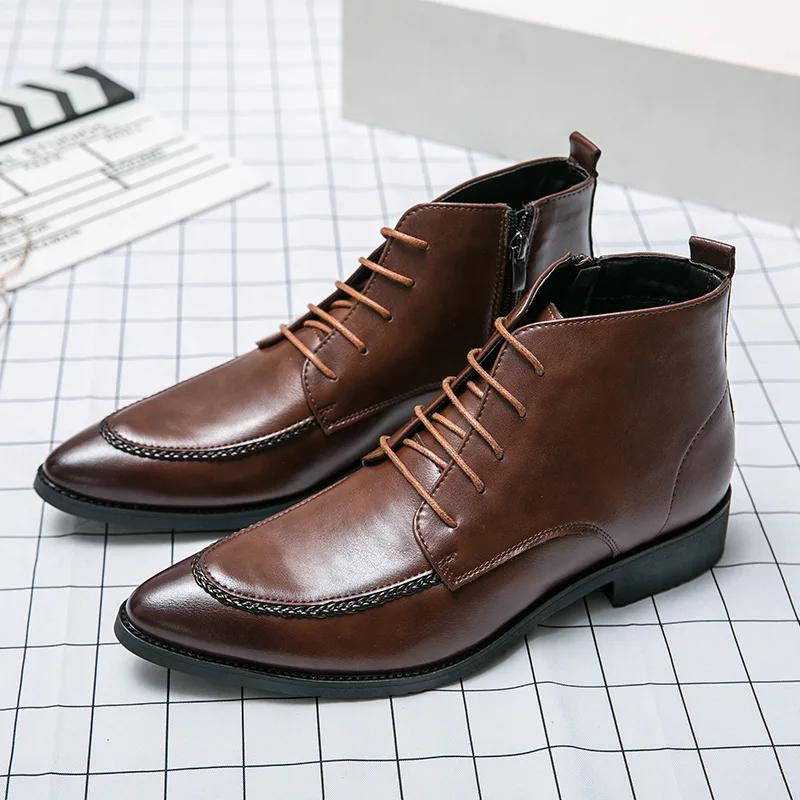 Fashion High Quality Low Heeled Lace Up Brown Chelsea Mens Boots Business Leather Men Designer 2025 Fashion Casual Pointed Cowboy Boots