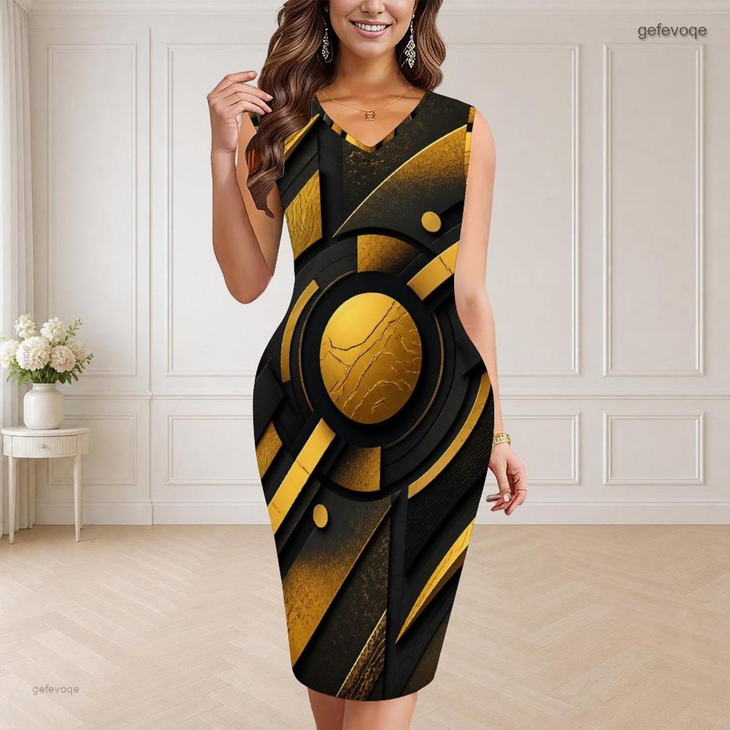 Women Plus Size V Neck Sleeveless Black Gold Printed Bodycon Midi Dress