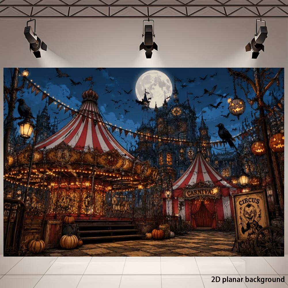 One 2D flat banner with a Halloween circus carnival theme background including a carousel.zyc