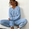 Women Solid Color Long Sleeve Hooded V Neck Hoodies Suit Autumn Winter Loose Top Wide Leg Pants