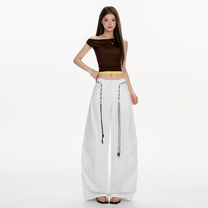 Khaki American street loose wide-leg pants for women, summer lazy style work pants, high-waisted casual curved knife sports pants