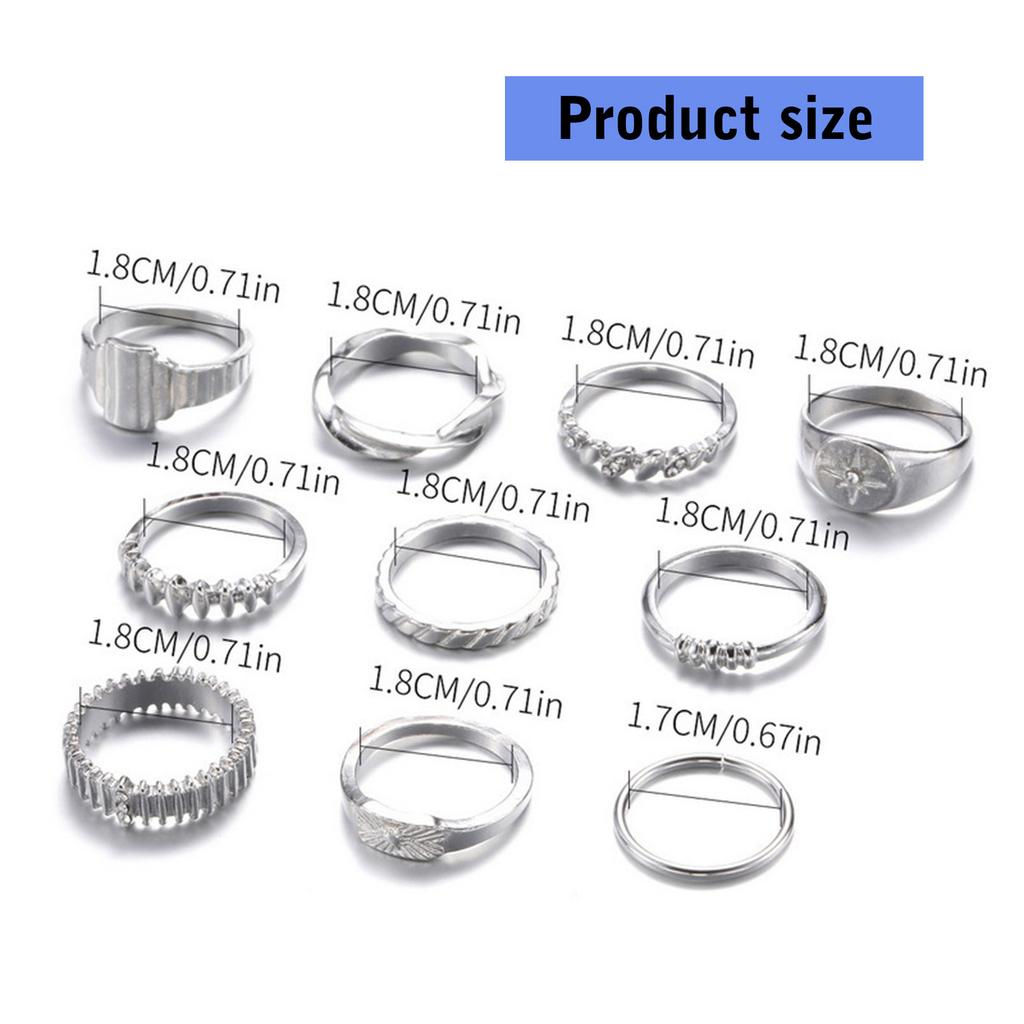 10pcs Geometric Shaped Rings Set with Crystal Gold/Silver Plated Ring Adjustable Finger Rings Accessories for Women