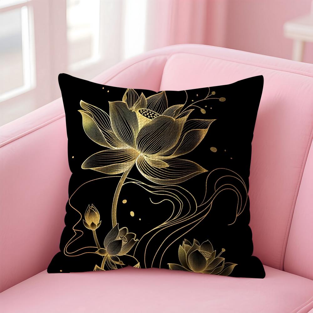Golden Lotus Luxury Cushion Cover Natural Linen Pillow Case DoubleSided Print Decorative Sofa Pillowcase Home Decor Gift