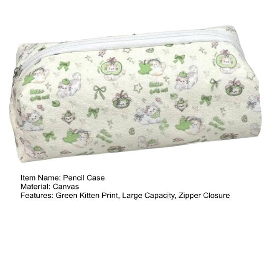 Pencil Case Green Kitten Print Large Capacity Stationery Organizer Smooth Zipper Closure