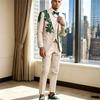 Customized Gorgeous Green Rhinestone Beige Prom Men Slim Fit Notched Lapel Groom Wedding Tuxeods 3 Pieces Sets Costume Homme