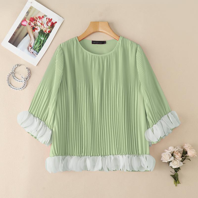 

ZANZEA Женская повседневная блузка с круглым вырезом, рукавами 3/4, свободного кроя, плиссированная 5XL зелёный