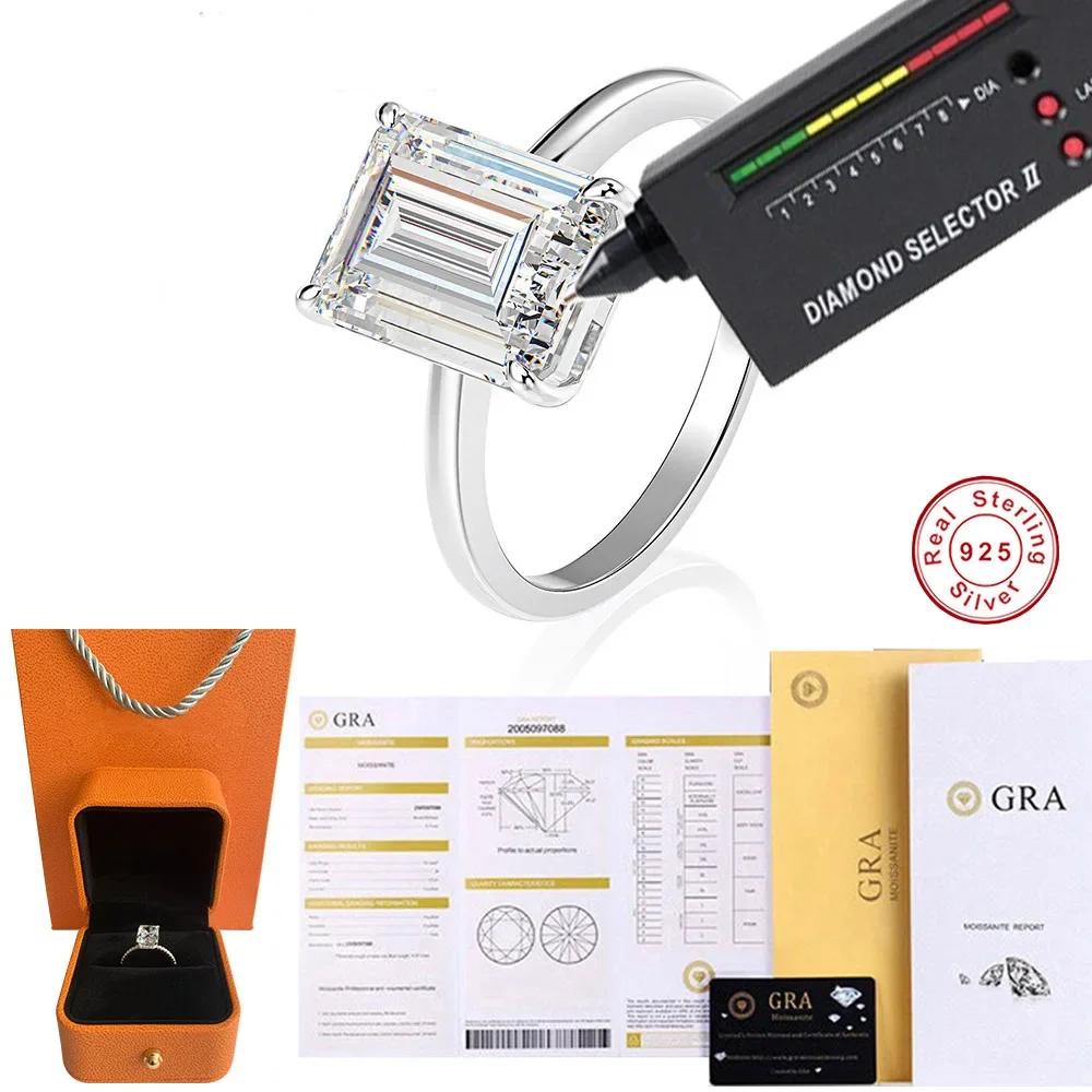 New Exquisite 925 Silver Rectangle Real Moissanite Rings for Women Wedding Luxury Jewelry 4.5&2ct D color