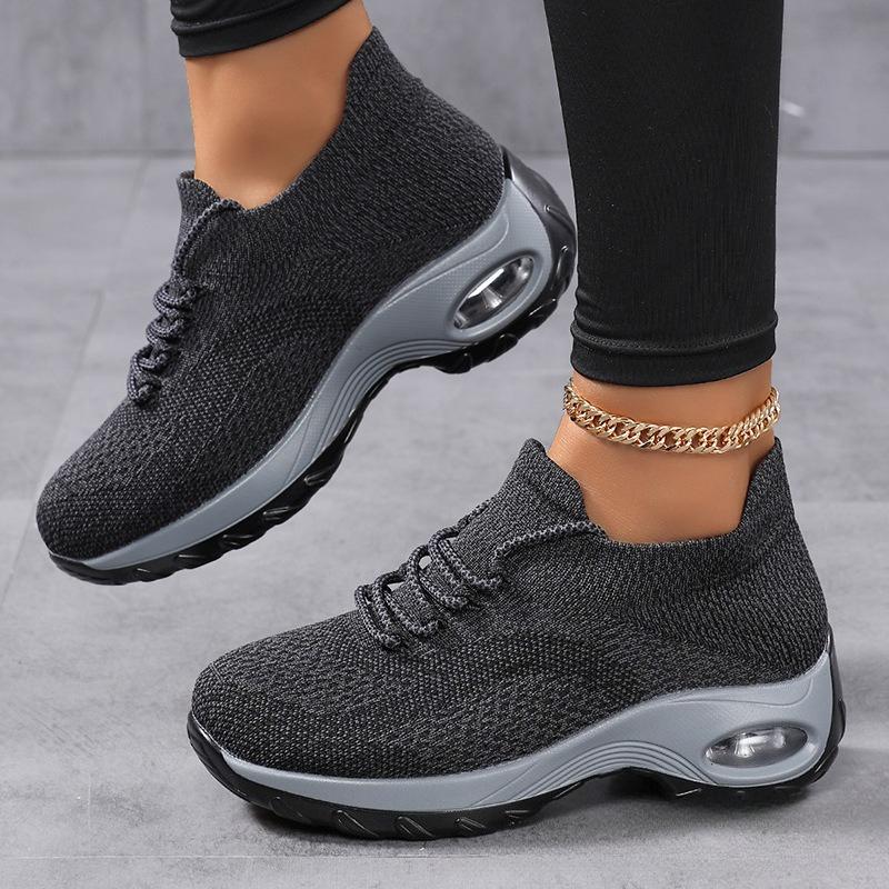 Fashion Women Platform Shoes Knitted Running Sports Shoes Anti-slip Air-cushion Sneakers Breathable Mesh Dancing Traveling Shoes