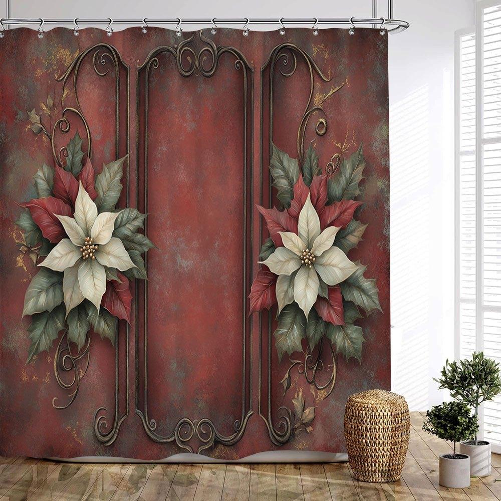 

1Pc Floral Frame Bath Curtain Victorian Style Red White Flowers Ornamental Scrollwork Elegant Holiday Design Shower Curtain Clas W60H190(CM)-1 Pcs