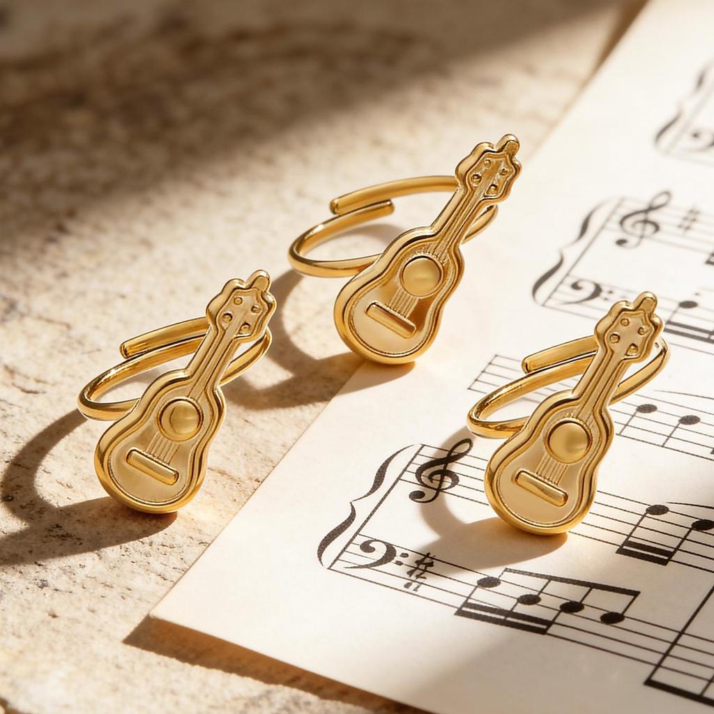 18K Gold-Plated Stainless Steel Guitar Open Ring - Trendy College Style Accessory with Niche Design.