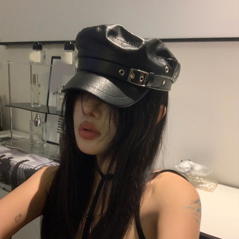 PU Painter Hat Flat Hat British Beret for Dating Photography Cabbie Headwear Painter Hat with Star Grommet Hat