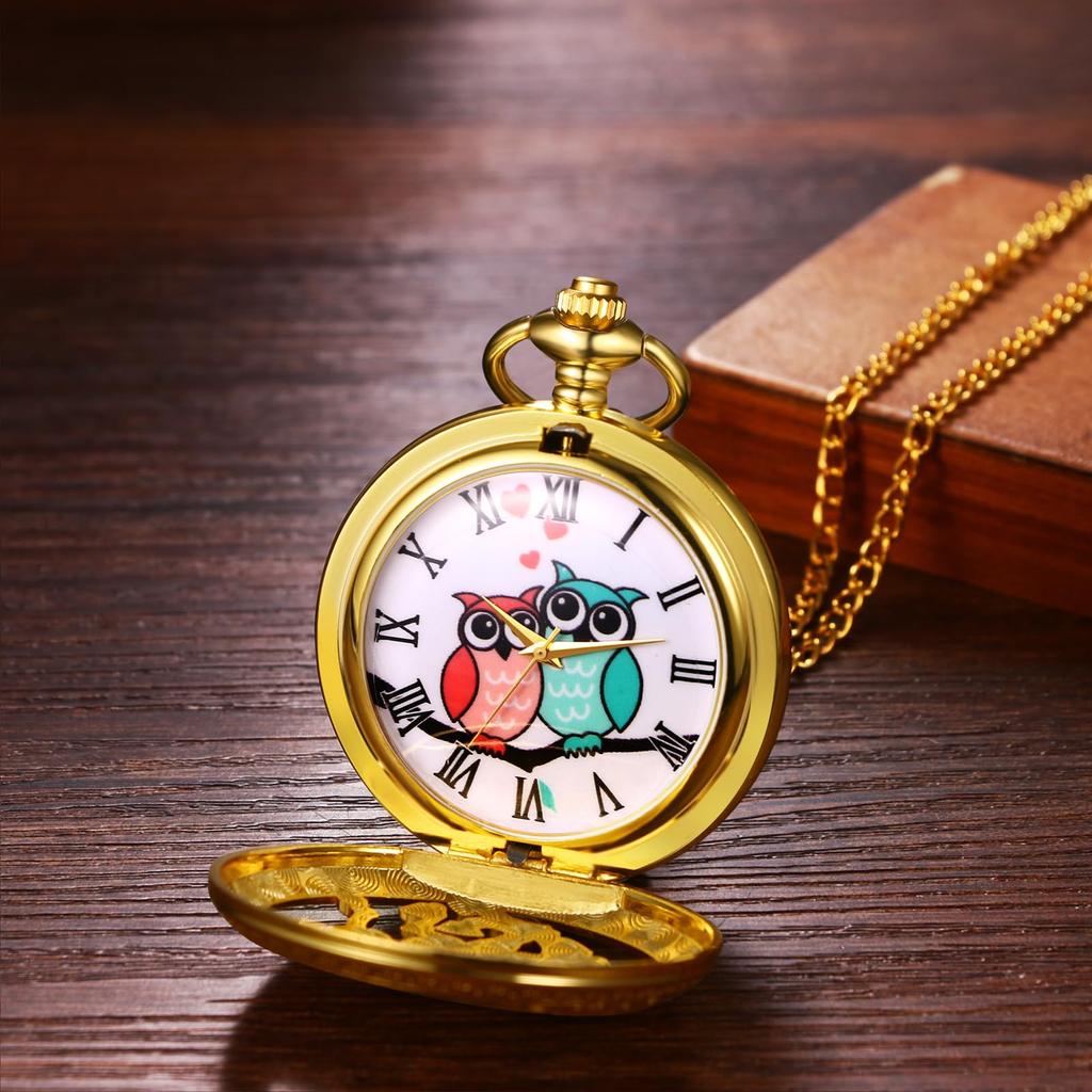 Owl Pocket Watch Skeleton Antique Roman Analog Display Waterproof Pocket Watch Pendant Necklace Chain Gold Birthday Anniversary Christmas Day Present