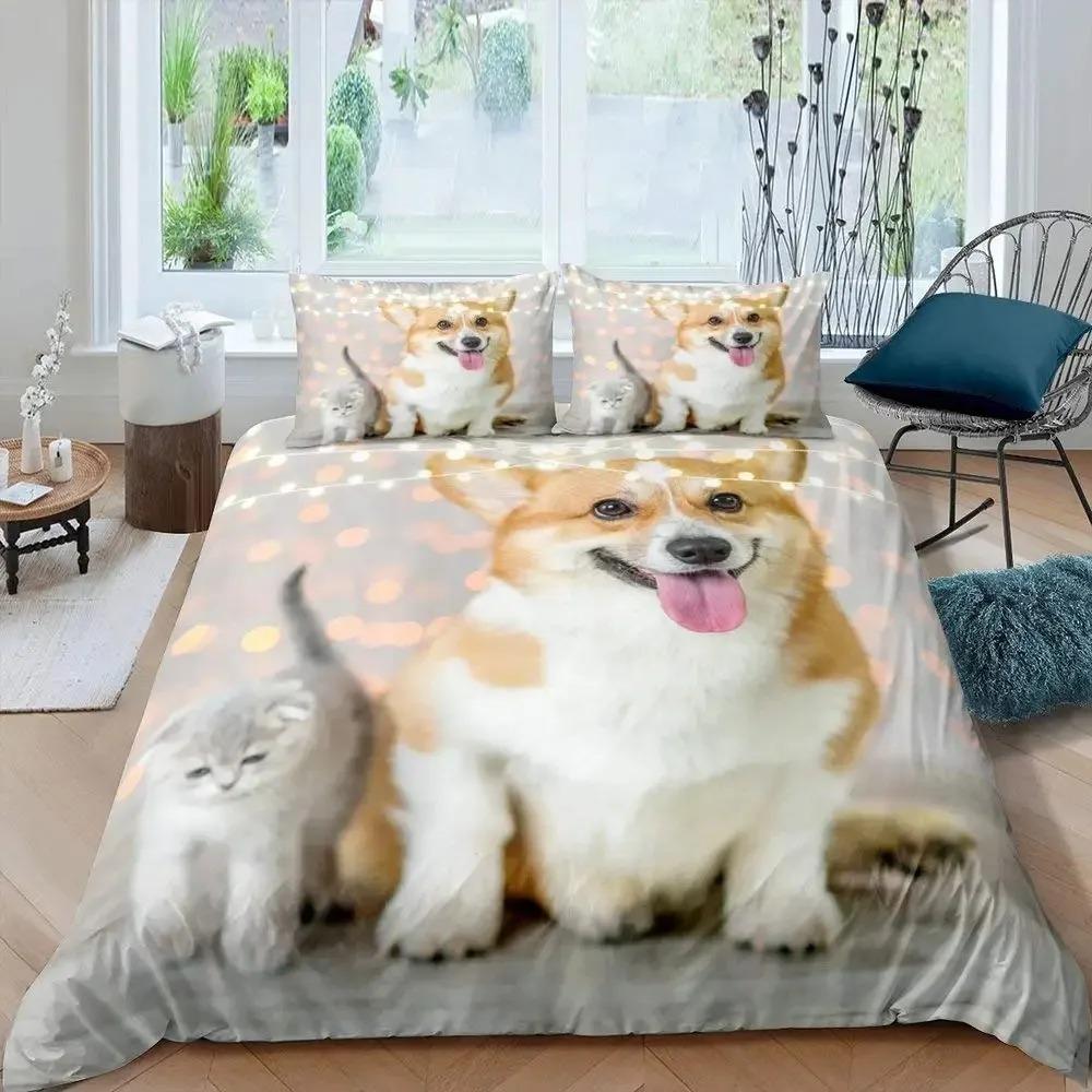 Katzen- und Hunde-Bettbezug-Set Mops Bettwäsche-Set Kawaii Welpe Tier Bettdeckenbezug Valentinstag Liebesherz Hochzeit Steppdeckenbezug