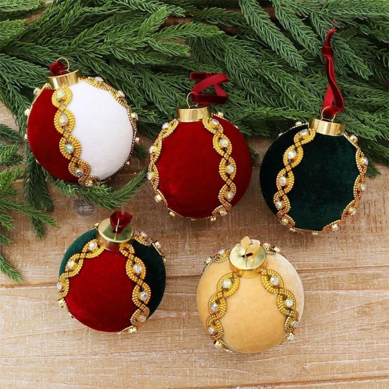 Christmas Tree Ball Hanging Ornament Velvety Bauble Decoration with Beaded Trim for Holiday Tree Wreath Styling