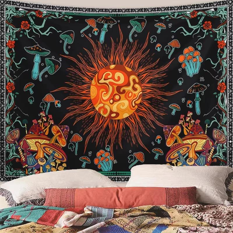 Sonnengott und Mondgöttin Wandteppich Schwarz und Weiß Mystisch Astrologisch Hängend Bohmischer Stil Schlafzimmer Wanddekoration
