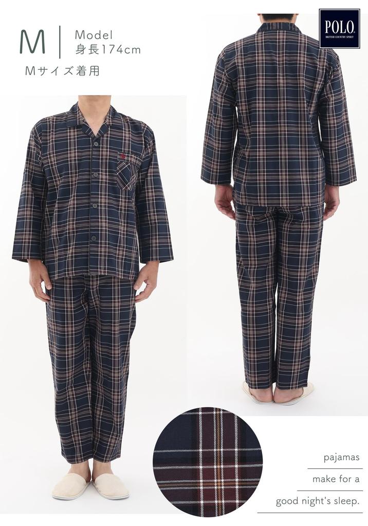 Kaitak Family POLO BCS Men's Long Sleeve Viyella Pajama Shirt, 100% Cotton, Check Pattern, Gray, Navy, Spring/Autumn, Sizes M/L (M, Navy)
