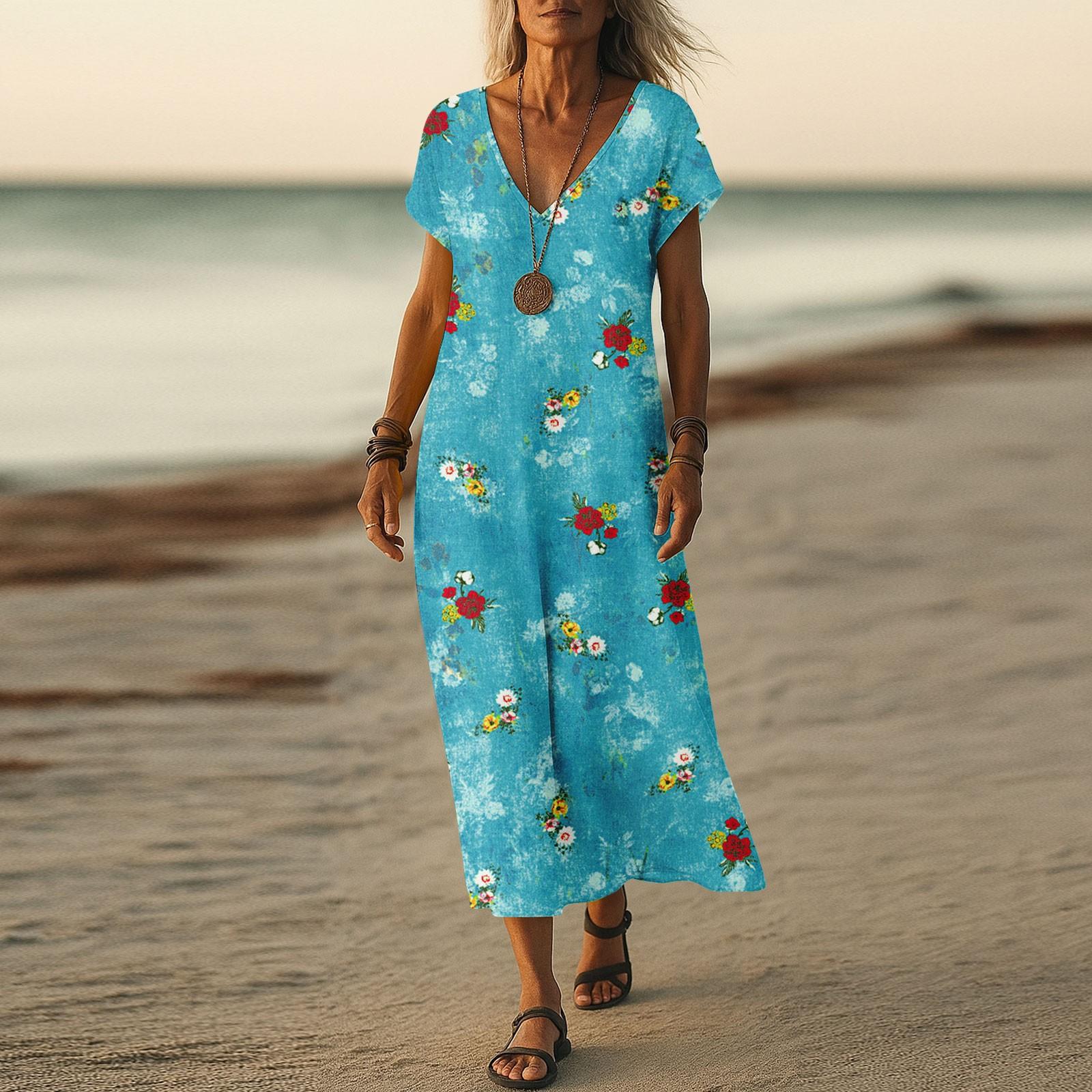 

Літня сукня Жіноча Довга Бохо Пляжна Сукня Елегантна Максі Сукня V-подібний Виріз Короткий Рукав Літня Туніка Легка Повітряна S синій