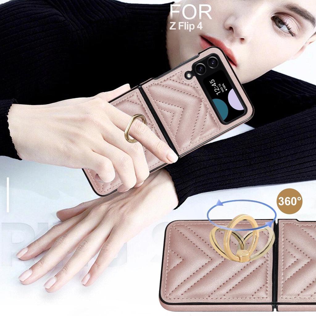 Fashion Leather Phone Case with Ring Bracket for Samsung Galaxy Z Flip 5 Case Z Flip 4 Case Z Flip 3 Folding Screen Anti-fall Protection Cover