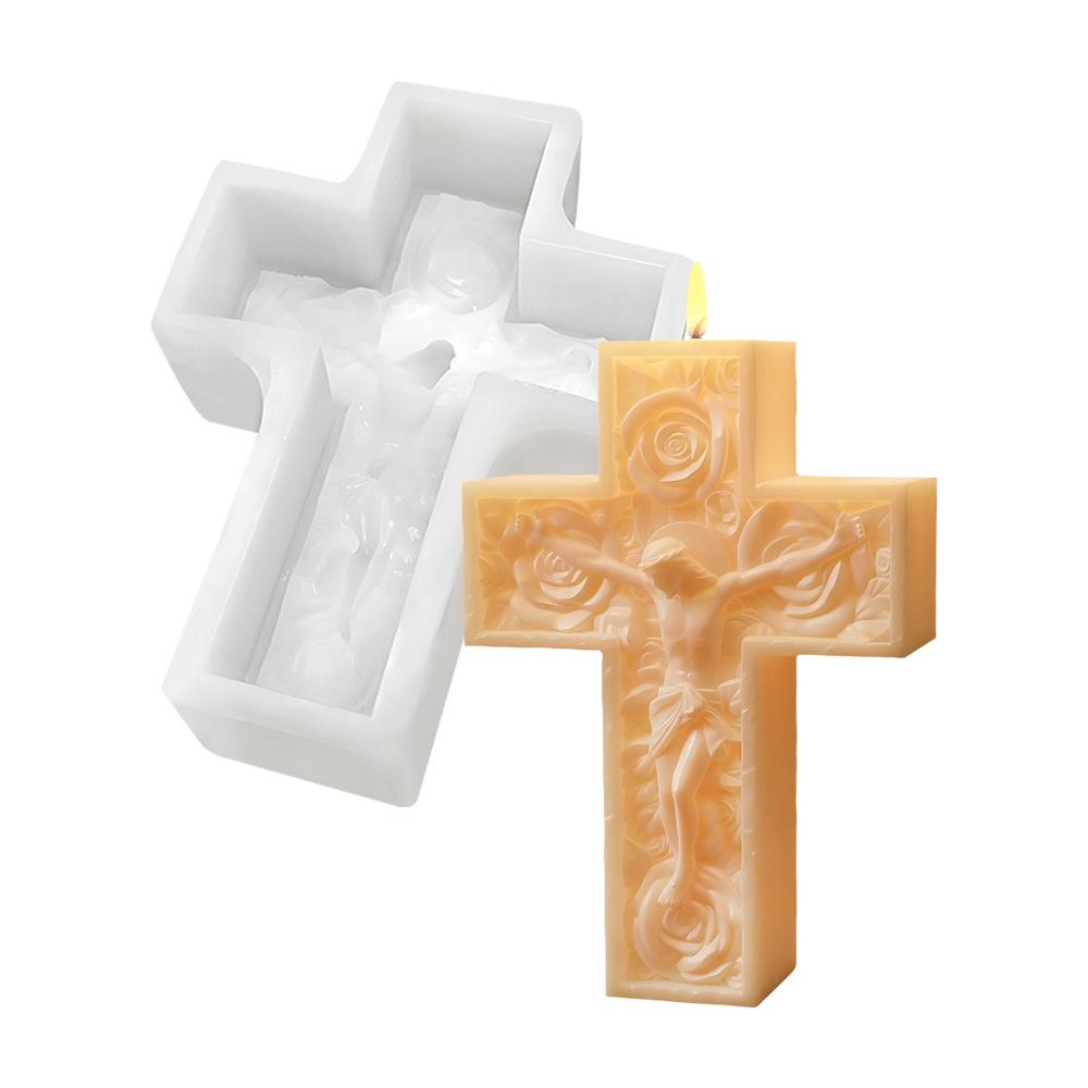 Rose Flower Mold Reusable Cross Candle Mold Silicone Mold Multifunctional For Plaster Crafts Religious Gifts Christmas