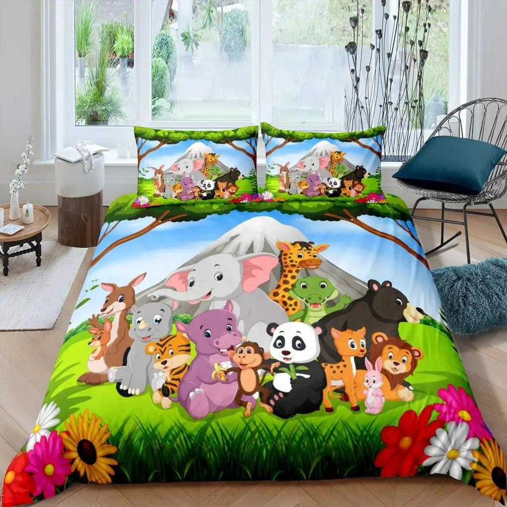 Cartoon Tiere Bettbezug Set King Size Savanne Tropischer Wald Dschungel Wildtiere Bettwäsche Set Kinder Zoo Polyester Bettdeckenbezug