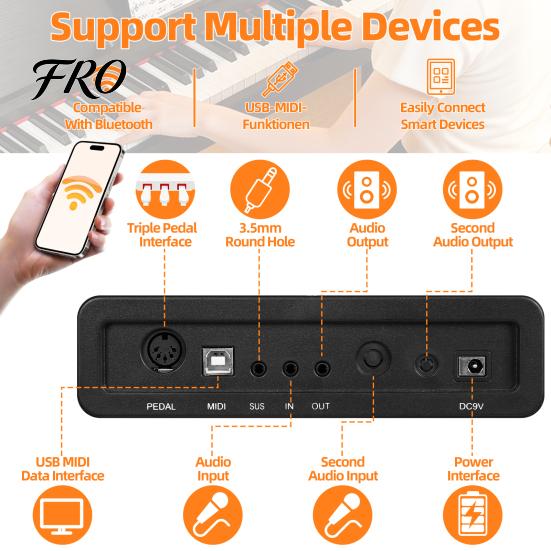 Piano Eléctrico con Soporte 88 Teclas Digitales Triple Pedal Compatible con Bluetooth y USB MIDI, Teclas Sensibles al Tacto, Jack Inteligente para Auriculares, Pantalla LED,