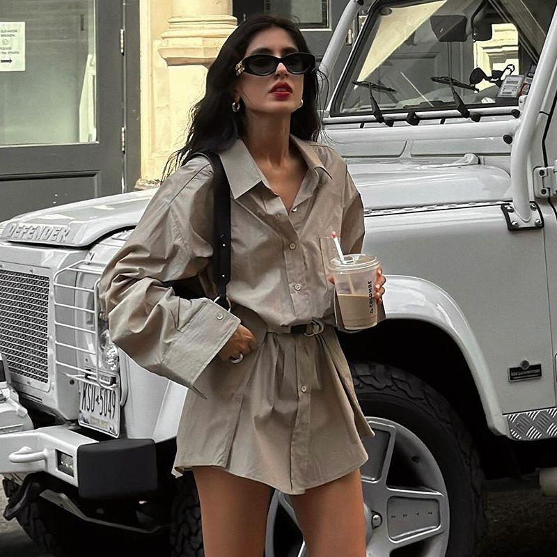 

Simple Style Commuter Advanced Sense Fashion Single-Breasted Polo Collar Shirt Style Dress Women Narrinanatasha Khakis L