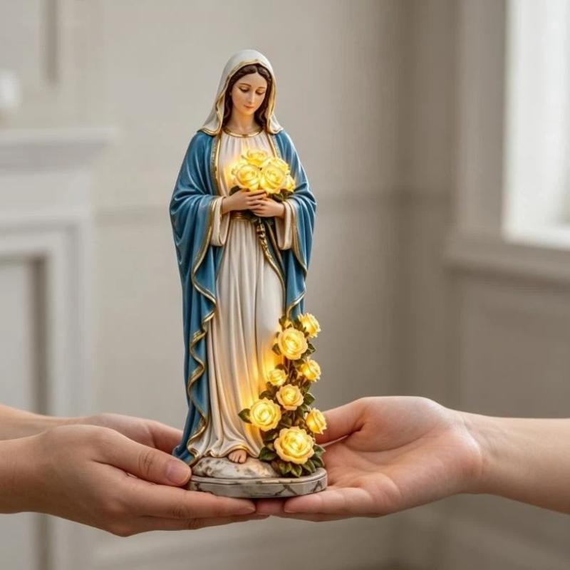 Estatua de María de Resina 1 Pieza con Rosas Amarillas Iluminadas por LED Figura Pintada a Mano para Altar Pequeño Montaje Religioso en Casa