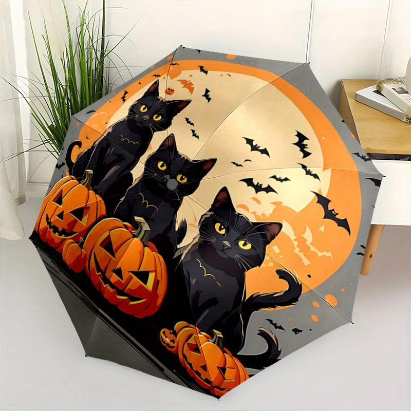 

1pc Halloween Night Black Cats Automatic 3-Fold Cartoon Umbrella Design, Cute Cartoon Pattern, Portable Outdoor Umbrella, Perfect, Holiday G