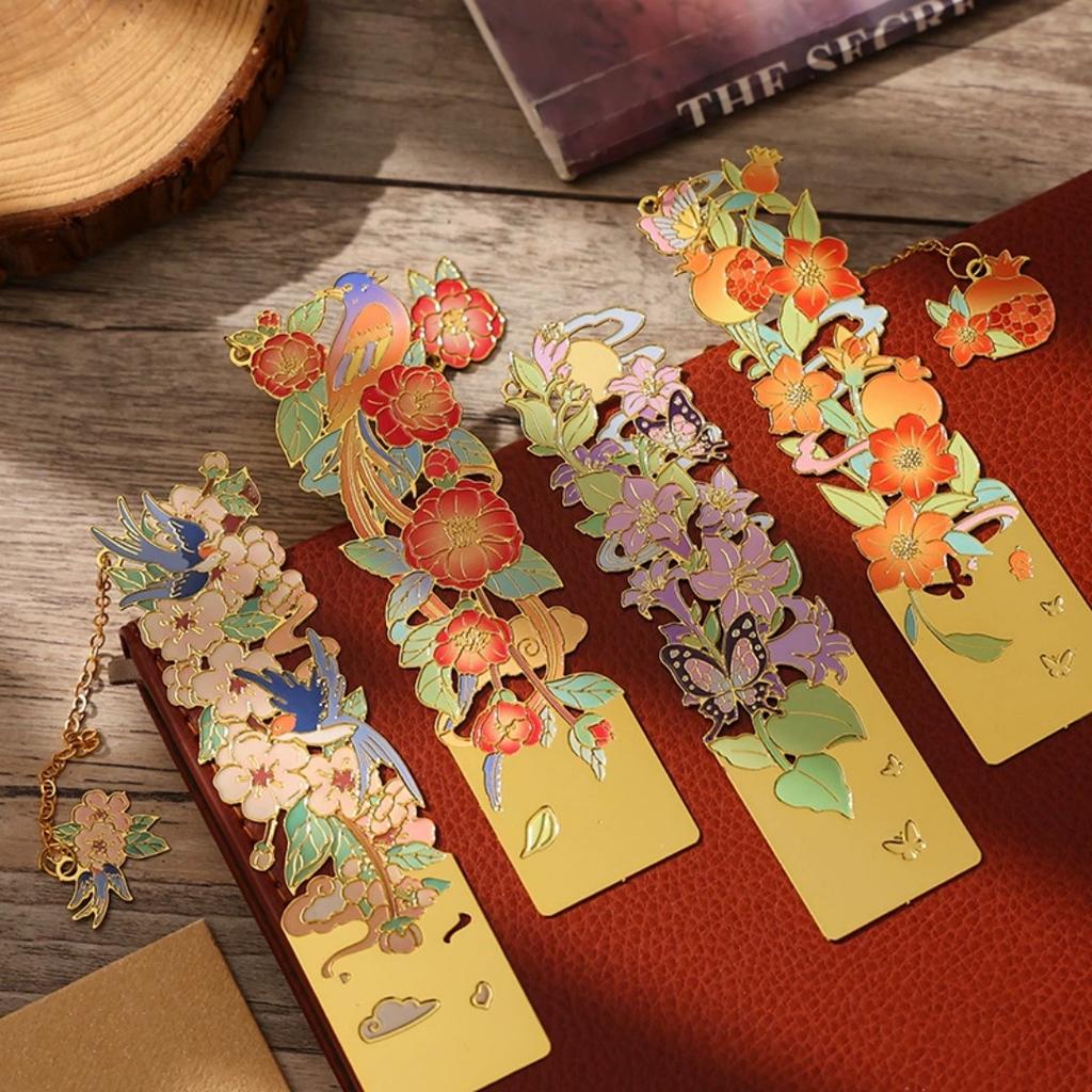 12 Monthly Climate Flowers Bookmark Exquisite Artistic Metal Bookmarks with Long Chain Tassel Students Book Clip Reading Tool