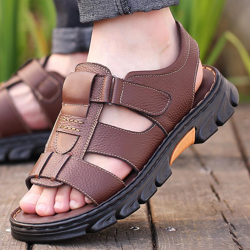 Fashion Summer Men's Brown Sandals New Beach Shoes Thick Soled Cowhide Sandals Men Outdoor Casual Non-slip Genuine Leather Sandals Man