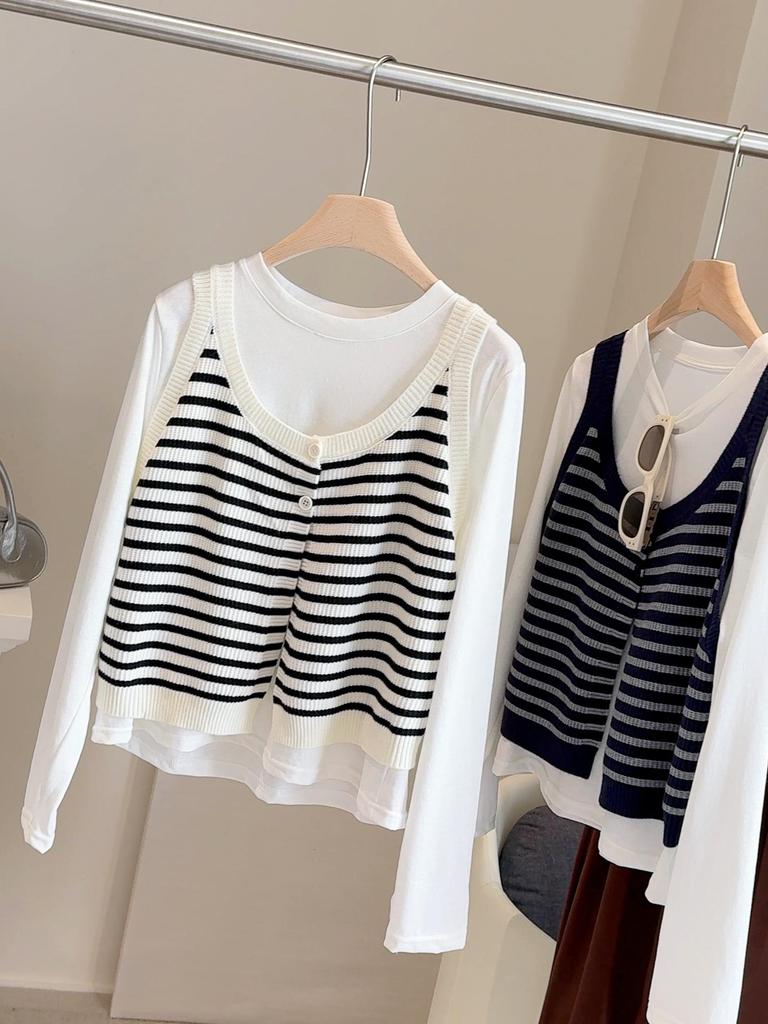 Women's Autumn Layered Korean Stripe Knit Cami & Tee Set