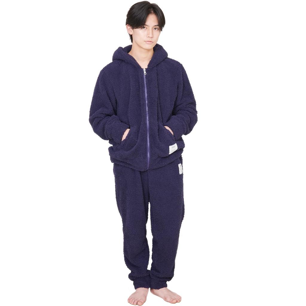 Luanna Jena Loungewear Pajama Long Sleeves Birthday QWHIM01 Men's Set, Fluffy, Zip-Up Front, & Pants, Gift, (L, Navy)