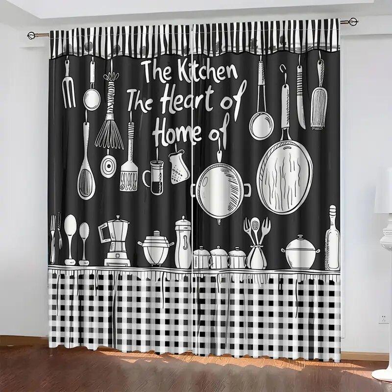 Fashionable black and white kitchen pattern printed curtains, window decoration, home decoration, room decoration