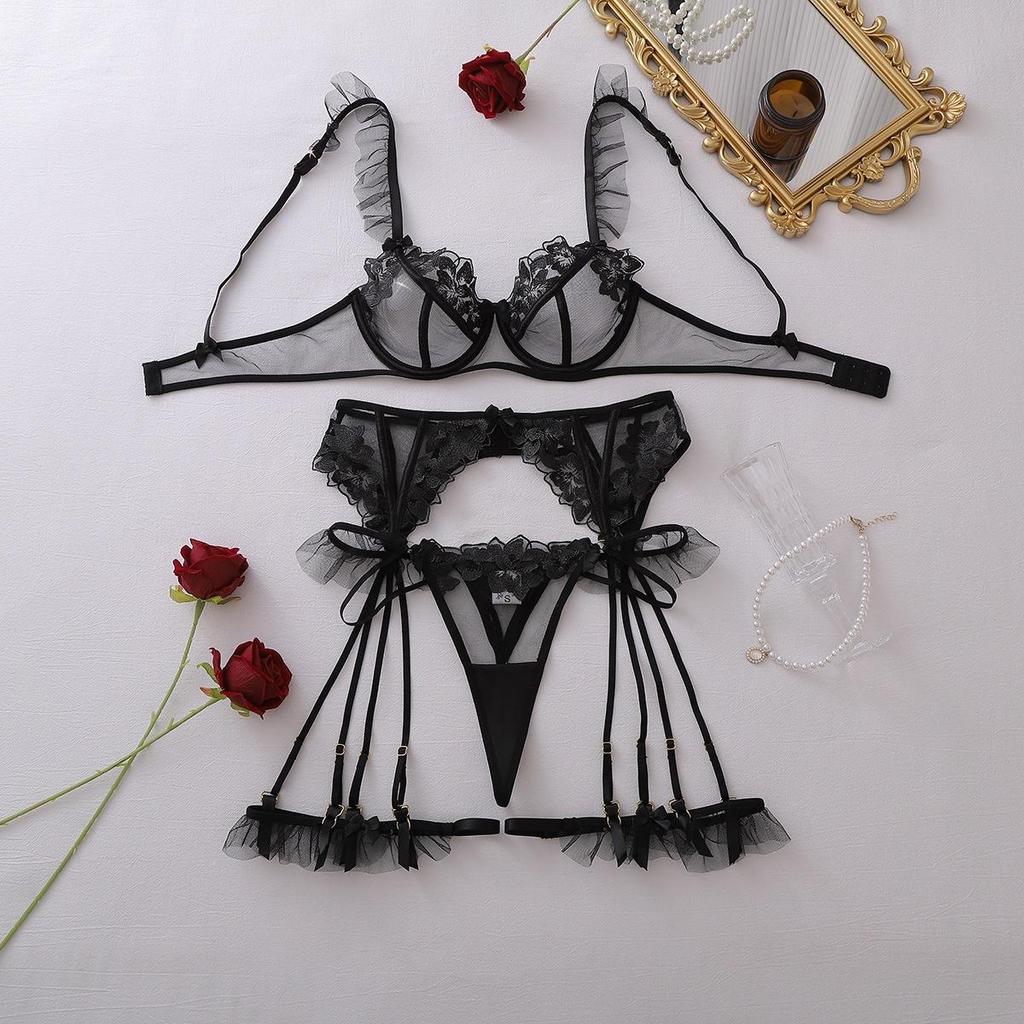 Women's Sexy Lightweight Lingerie Set Solid Color Bra Set with Lace Trim Splicing & Floral Embroidery Push-Up Bra Lingerie Set