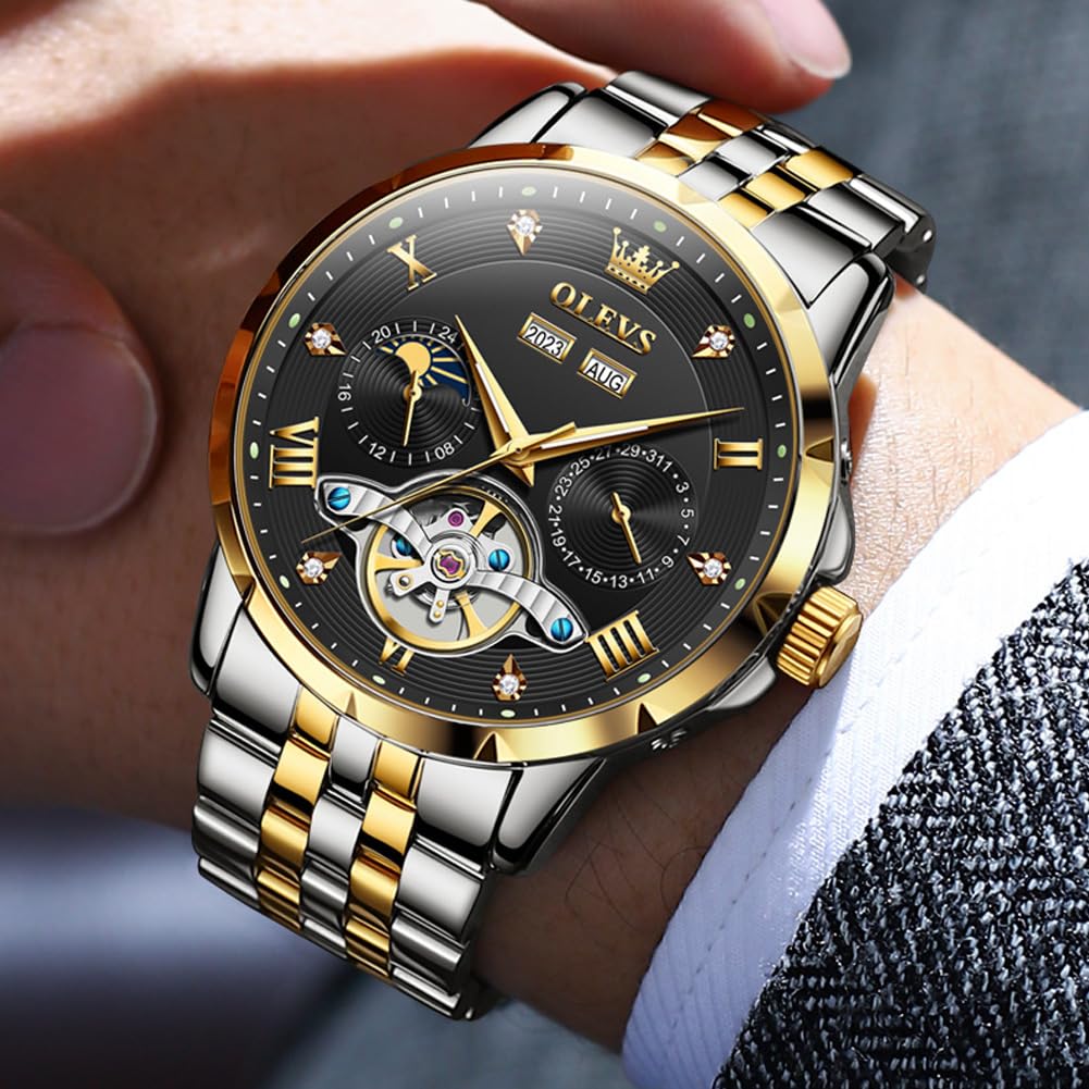 OLEVS Mechanical Automatic Winding Moon Phase Stylish Skeleton Waterproof Popular Watch Luminous Watch for Men Black Gold Men's &