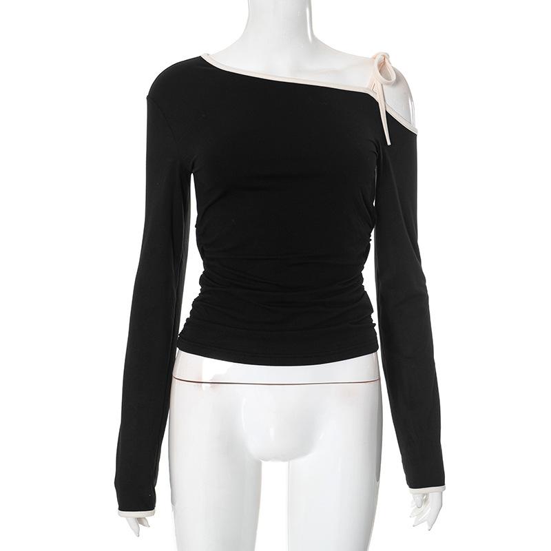European and American women's autumn diagonal collar bow tie off shoulder solid color top