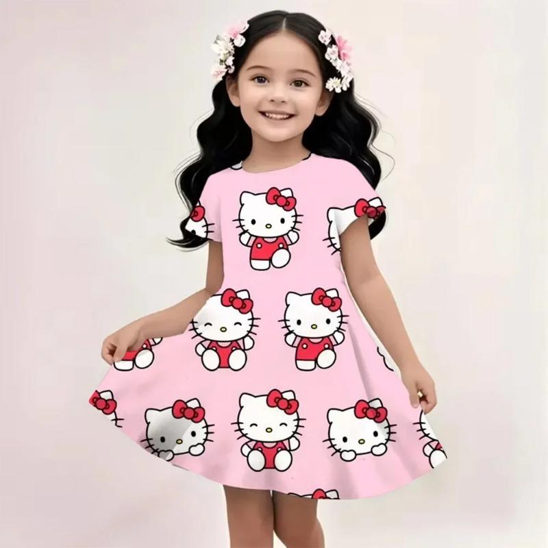 

2026 Summer Girls Dress Fashion Cartoon Cute Cinnamoroll &Hello Kitty 3D Printing Dresses Kids Short Sleeve Princess Clothing 110