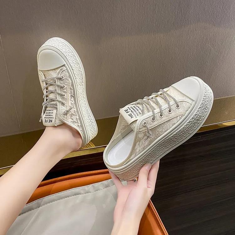 Summer Closed Toe Half Slippers for Women Wear Mesh Heel-Free Lazy Canvas Shoes Casual Sandals