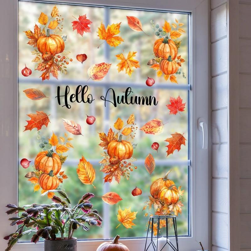 New Pattern Autumn Harvest Pumpkin Leaves and Squirrel Background Wall Decal Double-Sided Printed Window Glass Display Sticker