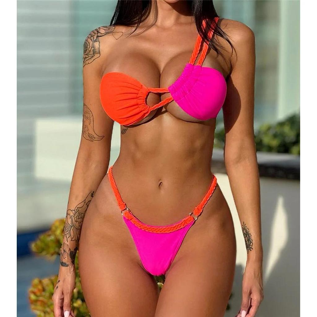 Sexy Splicing Asymmetric One Shoulder Bikini Women Swimwear Bather Bathing Suit Swim Two-pieces Bikini set