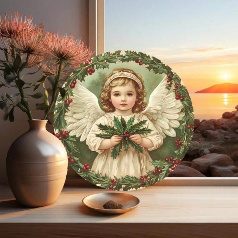 Vintage Christmas Angel Metal Tin Sign Rustic Round Wall Art Holiday Decor