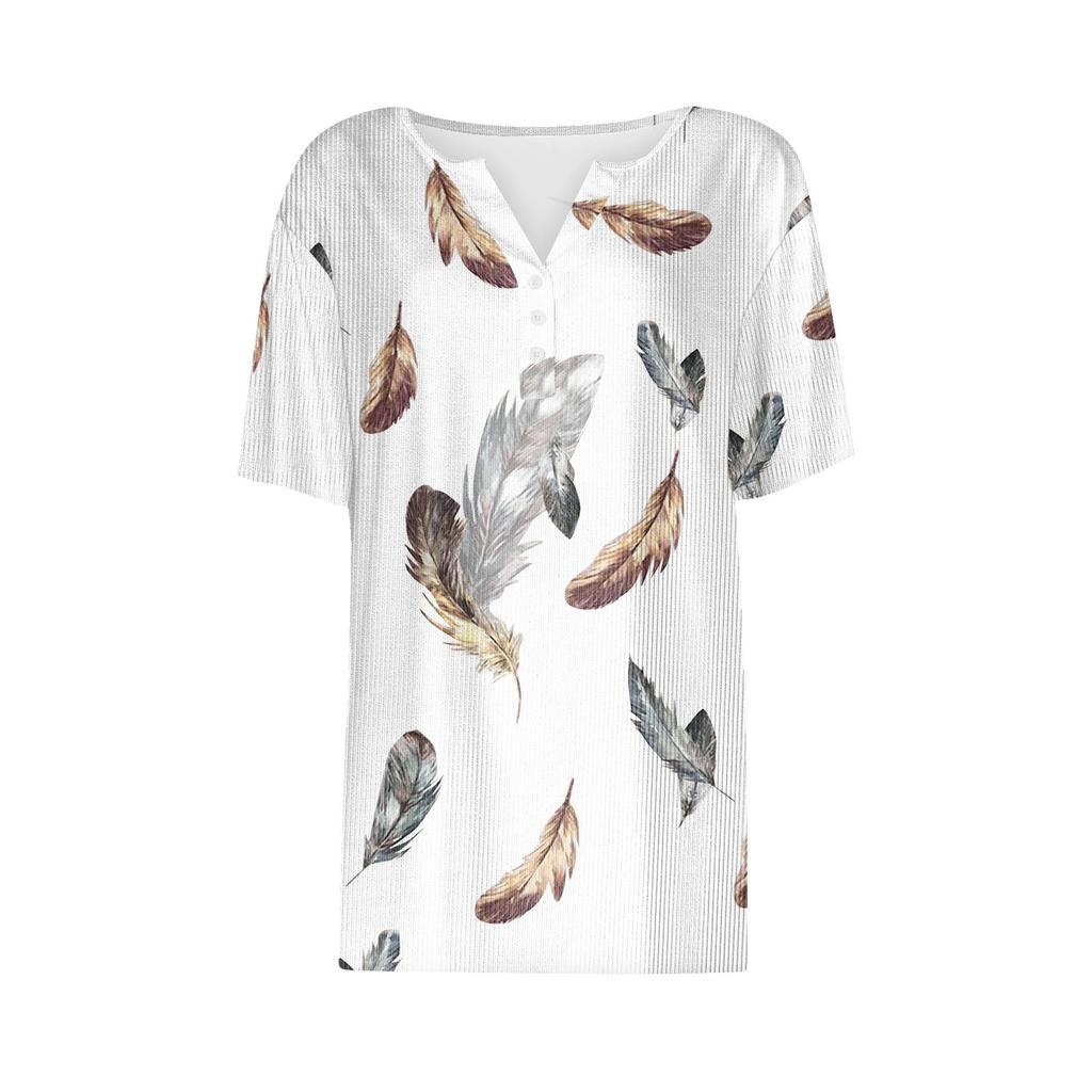 Women's T Shirt Tee Print Button Short Sleeve Tunic Daily Weekend Fashion Basic V- Neck Regular Top