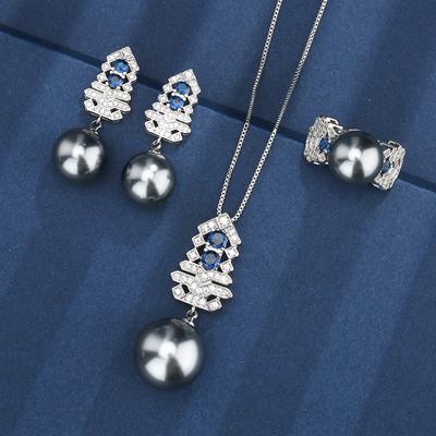 Popular Jewelry Copper Bottom Gold-Plated Inlaid Gray Pearl Christmas Tree Set Female 16-12Mm