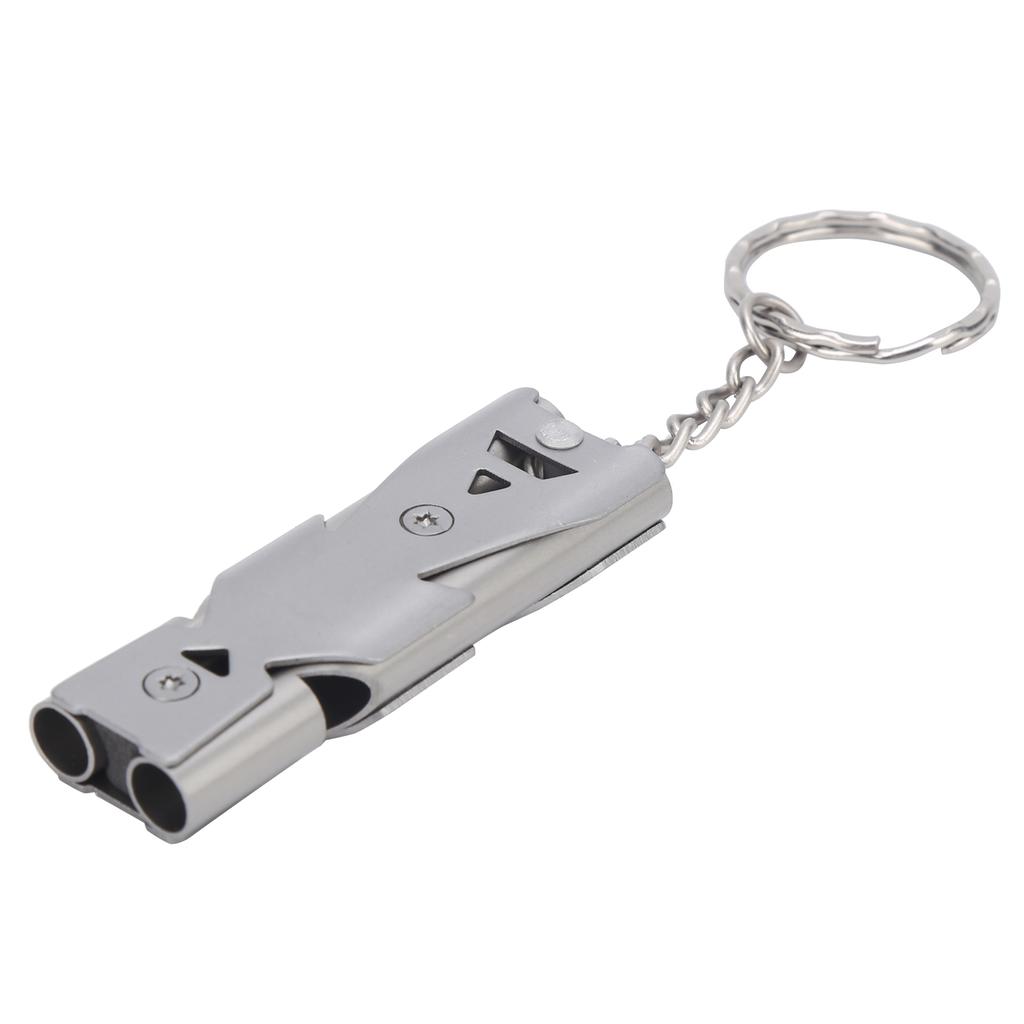 Outdoor Survival Pfeife mit Schlüsselanhänger Edelstahl Doppelrohre Sicherheitspfeife Grau