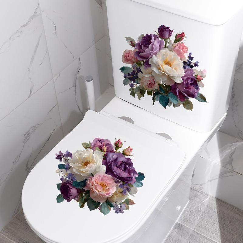 Watercolor Purple-pink Flower Toilet Sticker  Removable, Waterproof, Bathroom Toilet Decoration Sticker