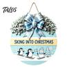 Indoor Outdoor Porch Ornament Christmas Wooden Welcome Sign for Front Door, Round Hanging with Seasonal Wall Art Artificial Pine Branches & Bow Decor