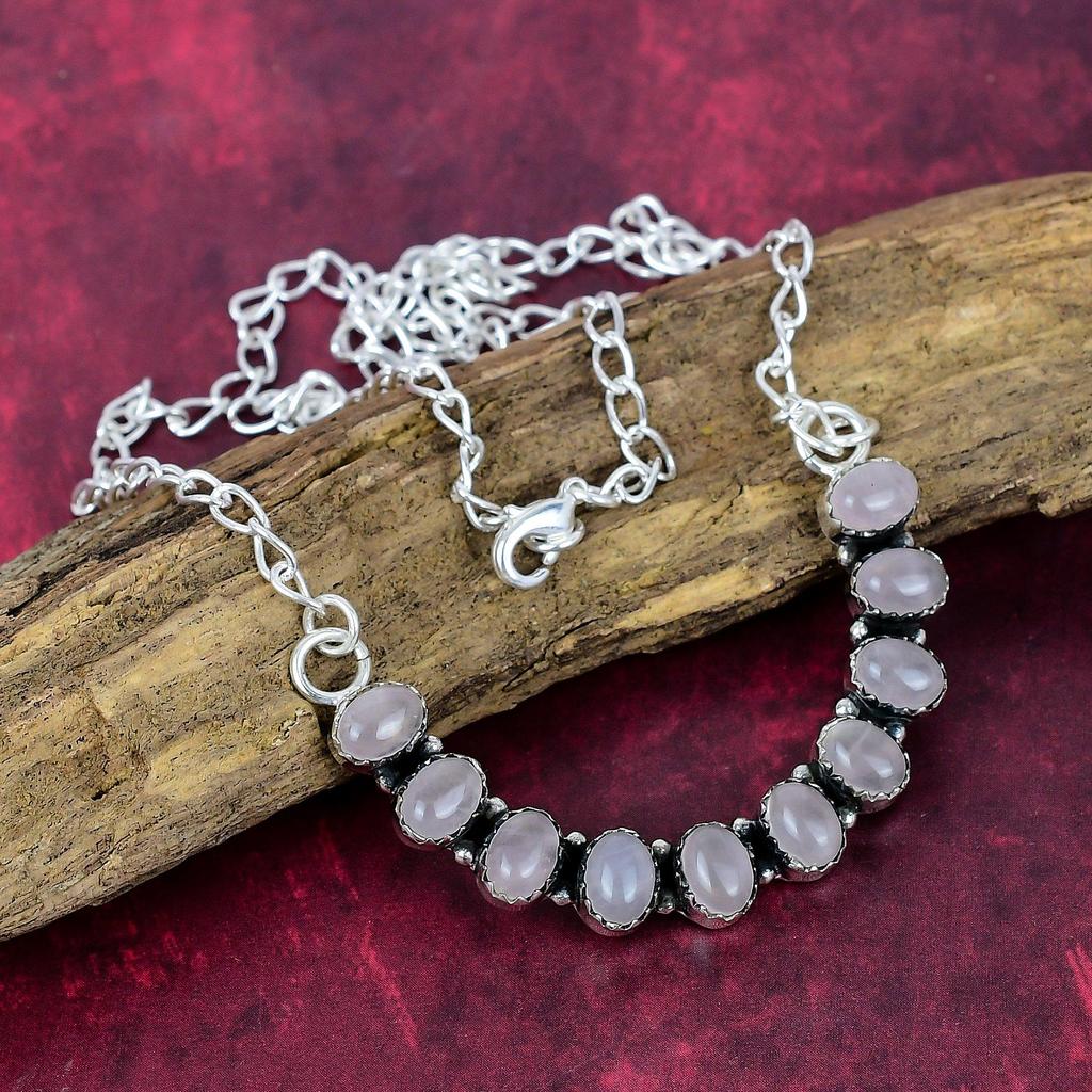Rose Quartz Necklace, Gemstone 925 Sterling Silver Handmade Wonderful Jewelry Necklace, Gift for Introverted